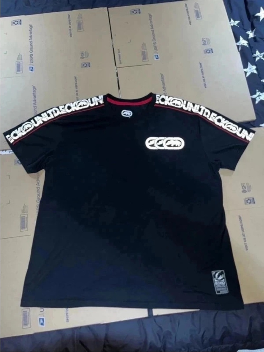 Ecko Unlimited Black Tee with White Logo and Red Neck Trim